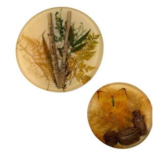 Vintage Resin Trivet Set Pressed Botanicals Bamboo Ferns Cottagecore 2pc